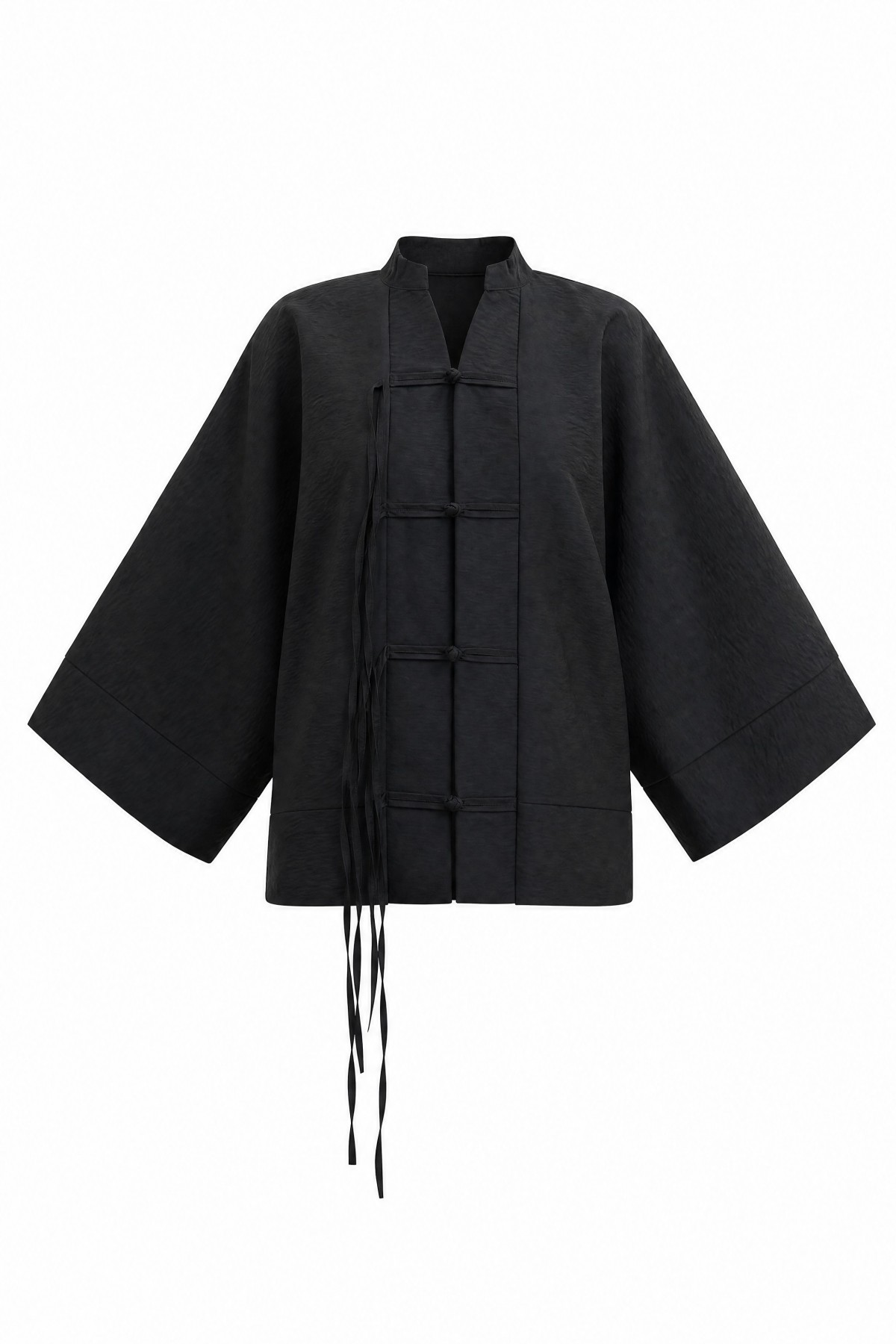Chinese Knot Closure Mandarin Collar Parachute Kimono -Black detay görseli