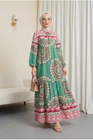 Parçalı Deseli Bağcıklı Kolu Lastikli Elbise  -Yeşil