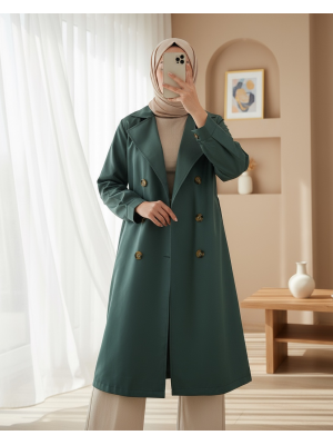 5853 Kruvaze Yaka Trençkot - Zümrüt Yeşili
