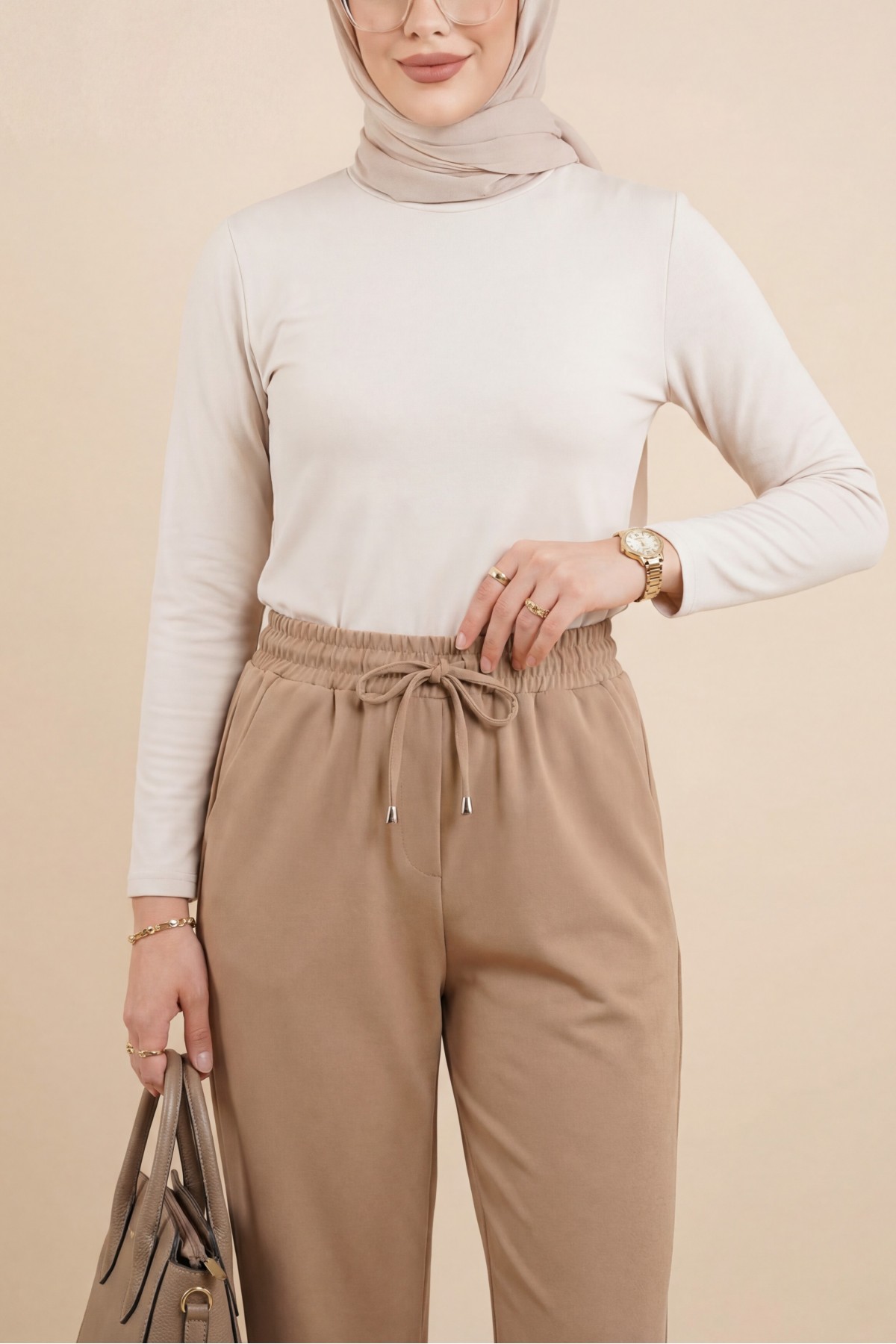 Slim Leg Trousers with Waist Lace   -Cinnamon detay görseli