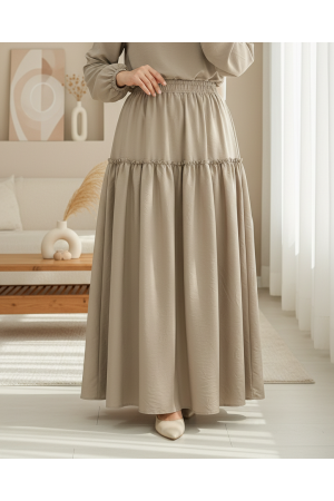 Parçalı Beli Lastikli Kraş Desen Paraşüt Etek -Açık Vizon