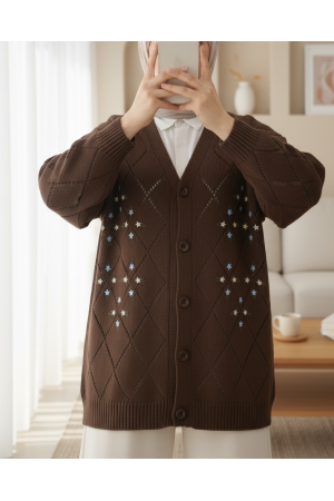 Ajurlu Çiçek Nakışlı Düğmeli Triko Hırka      -K. Kahve