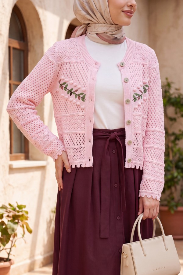 Düğmeli Önü Nakışlı Ajurlu Triko Hırka  -Pembe