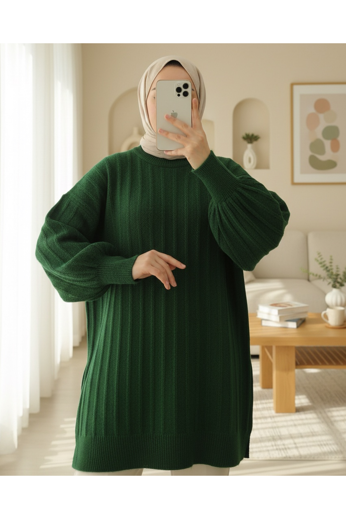 Soft Knit Tunic with Ribbed Slits -Dark green