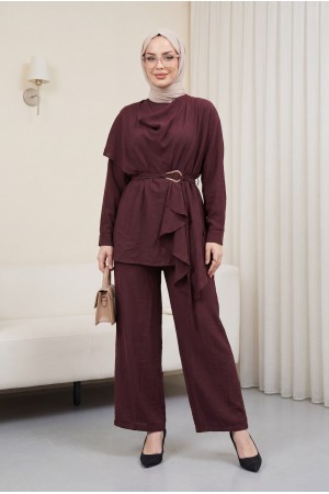 Asymmetrical Cut Trousers, Lined, Belted Cupra Suit -Maroon