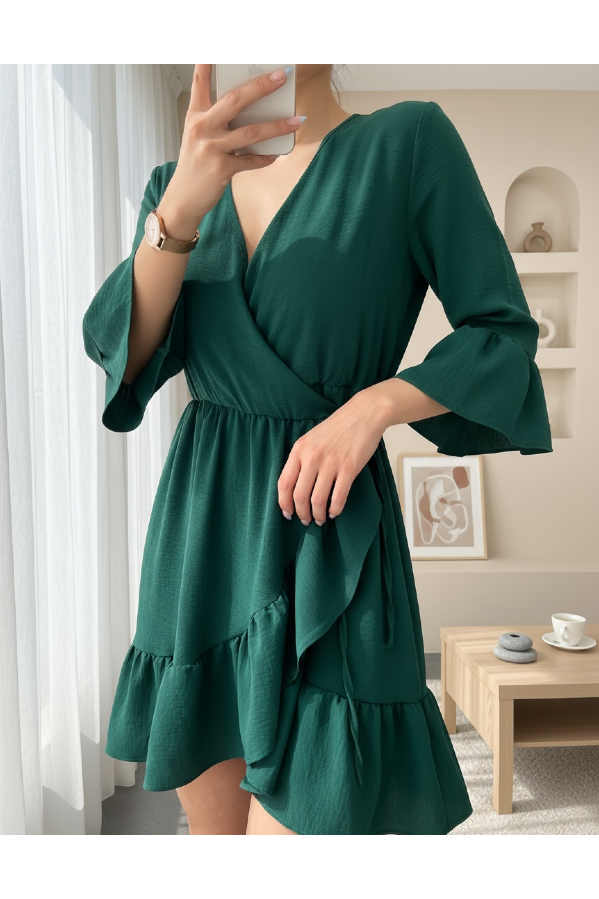 Frilly Skirt And Sleeves Elastic Waist Ayrobin Dress  -Emerald