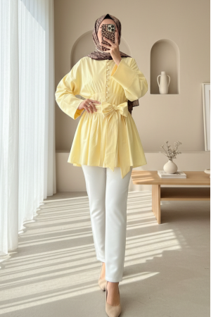 Beli Bağcıklı Boydan Taş Düğmeli Tunik -Açık Sarı
