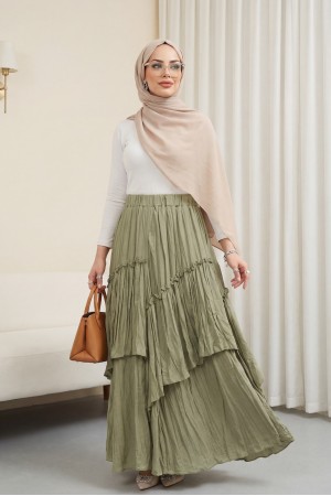 Elasticated Waist Linen Voile Layered Skirt -Cagla Green