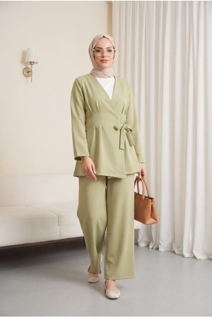 Imported Crepe Set with Dart Detail and Cross-Face Trousers -Cagla Green