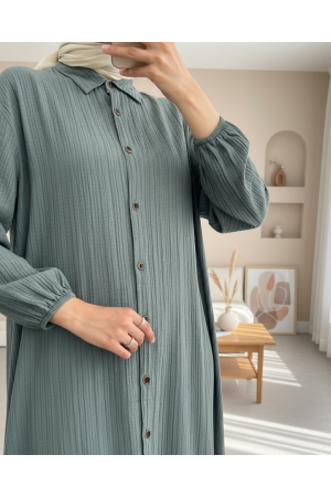 تونيك طويل مجعد برقبة بأزرار وأكمام مرنة   -لون مدخن
