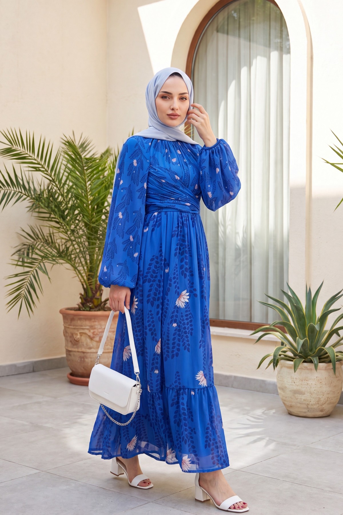 Gathered at Waist and Neck, Balloon Sleeve Lined Chiffon Dress  -Saxe 