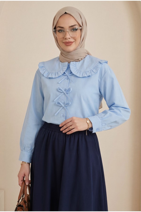 Bebe Yaka Kurdele Detaylı Gömlek  -Bebe Mavi