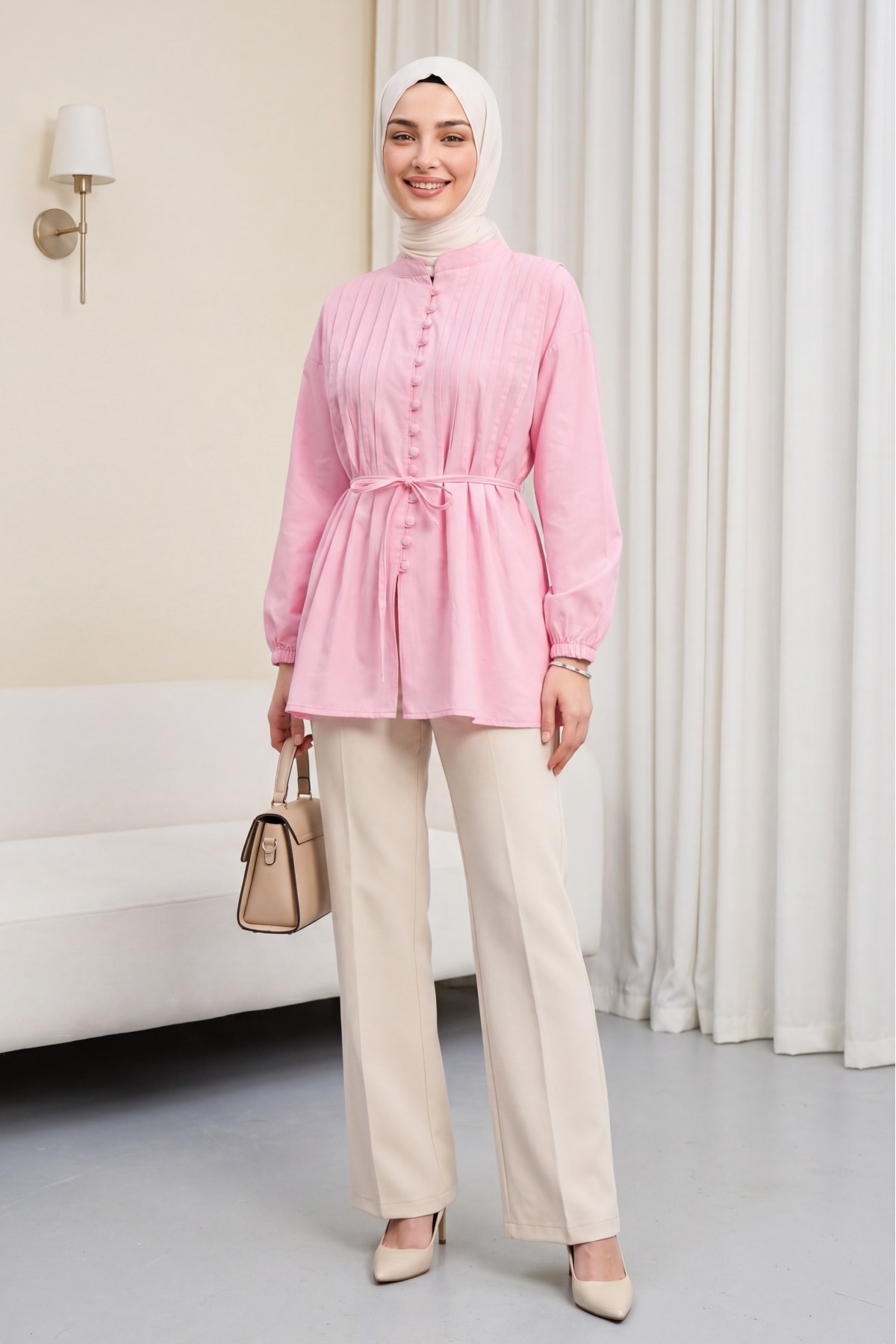 Poplin Shirt with Belted, Elasticated Cuffs, Button Front, and Fold Detail  -Pink