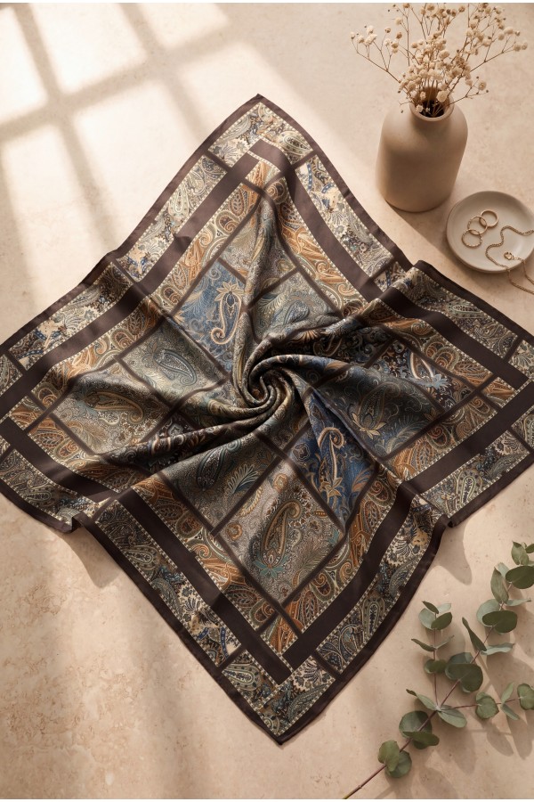 Geometrik Çerçeveli Rayon Eşarp -Koyu Kahverengi