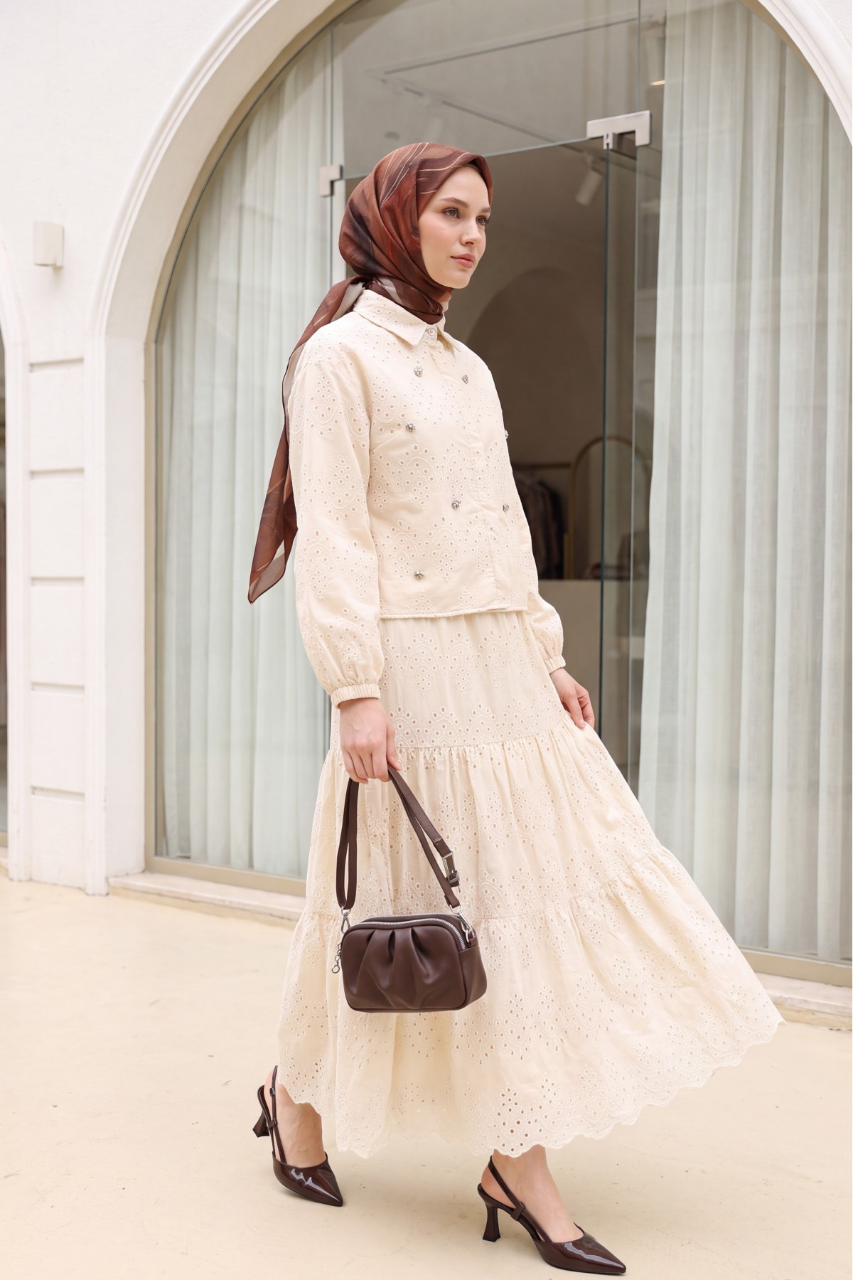 Skirted Suit with Scallop Detail - Beige
