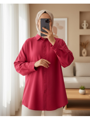 Boydan Düğmeli Gömlek -Kırmızı