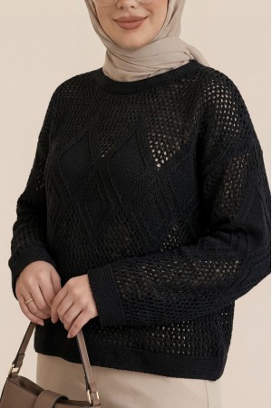 Önü Ve Kolları Desenli Ajurlu Triko Kazak -Siyah