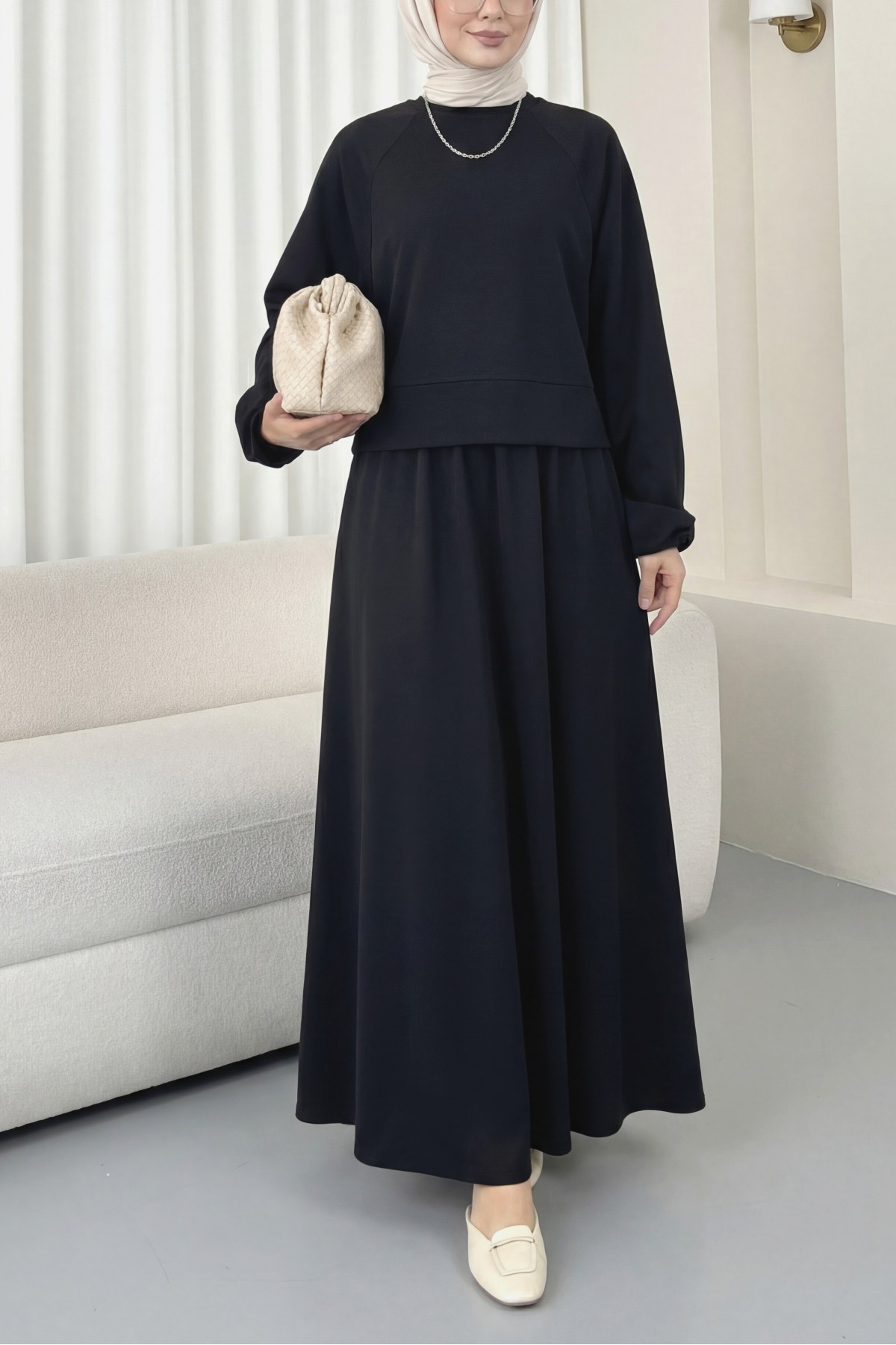 Round Neck, Batwing Sleeve, Elastic Waist Skirt Set -Black