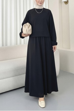 Yuvarlak Yaka Yarasa Kol Beli Lastikli Etekli Oyşo Takım -Siyah