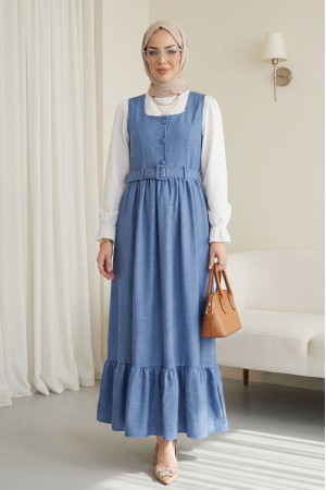 Top Düğmeli Altı Fırfırlı Beli Kemerli  Jile Elbise   -İndigo