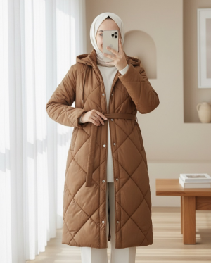 Belted, Front Snap-Front Hooded, Lined, Long Quilted Coat -Snuff