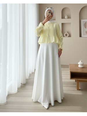 Eteği Ve Kolu Fırfırlı Taşlı Düğmeli Modal Kumaş Gömlek-Açık Sarı