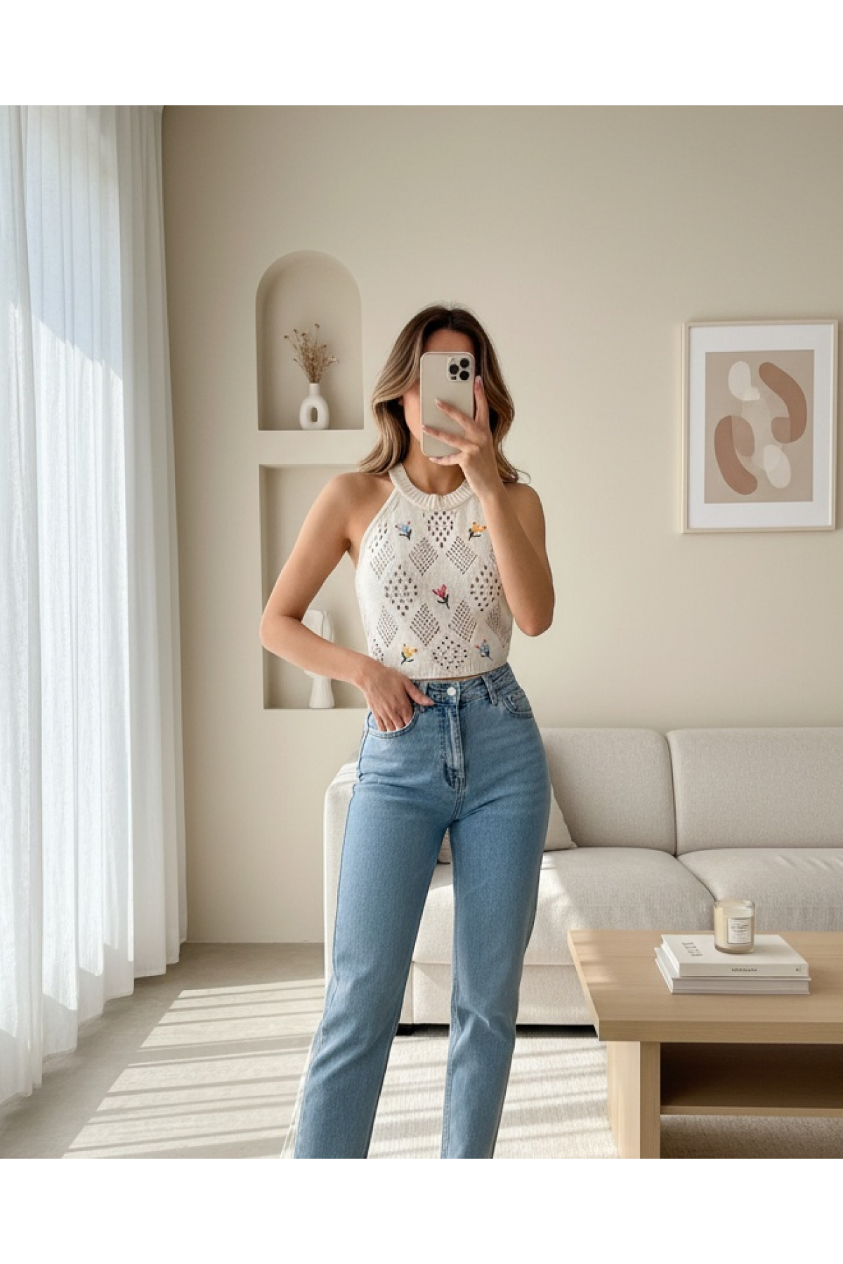 Ajurlu Nakışlı Sıfır Kol Triko Crop -Krem