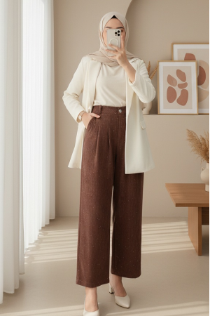 Cepli Bol Paça Pul Detaylı Kadife Pantolon  -Kiremit