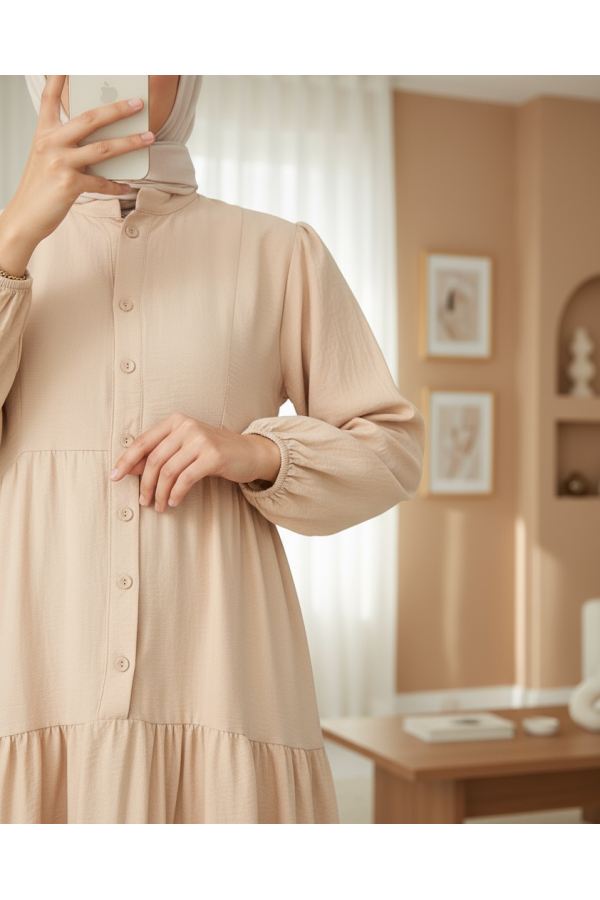 Half-Buttoned Cotton Ayrobin Dress with a Grandad Collar - Beige
