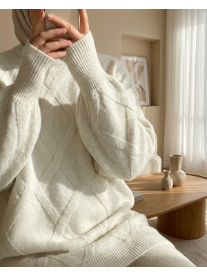 Baklava Desenli Yumoş Triko Tunik  -Taş