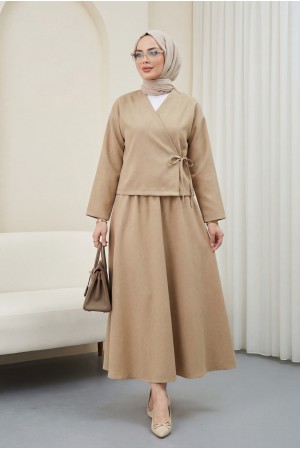 Önü Bağcıklı Etekli Yün Efekt Kışlık Takım -Vizon