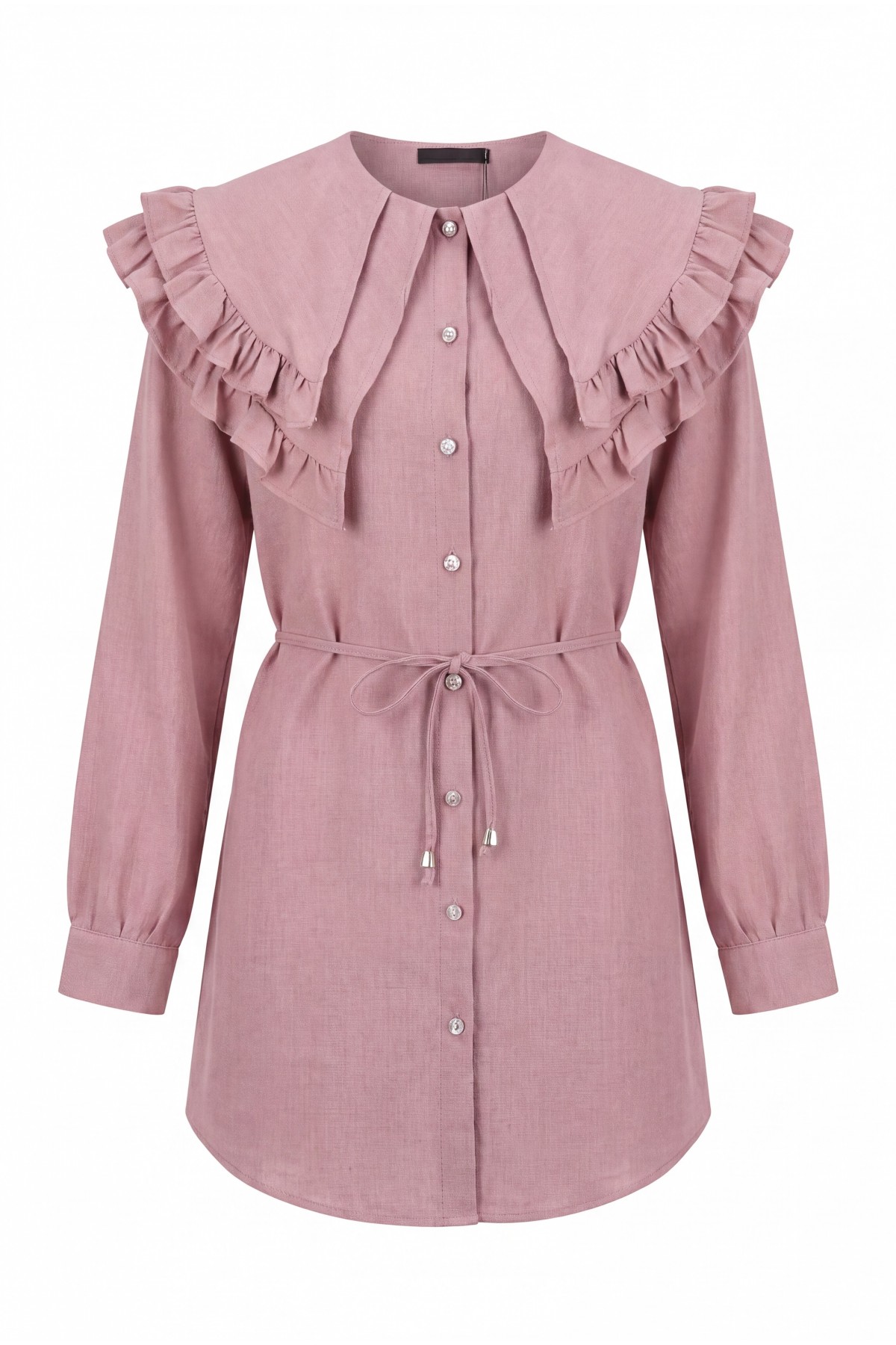 Linen Tunic with Double Layer Ruffled Collar, Buttoned Waist, and Drawstring -Powder
