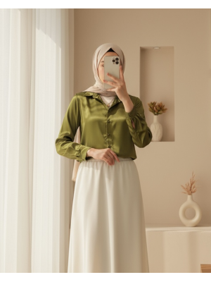 3964 Hafif Dökümlü Saten Gömlek - Y.Haki