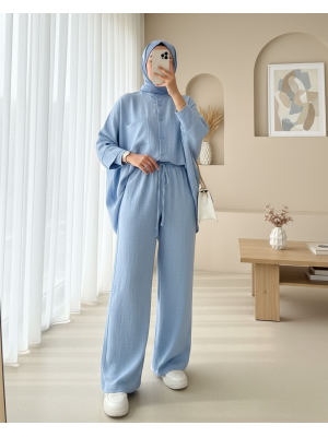 Çift Cepli Yarım Yarasa Kol Salaş Gömlek Takım -Bebe Mavi