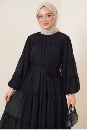 فستان شيفون مبطن بياقة دائرية وأكمام واسعة -أسود