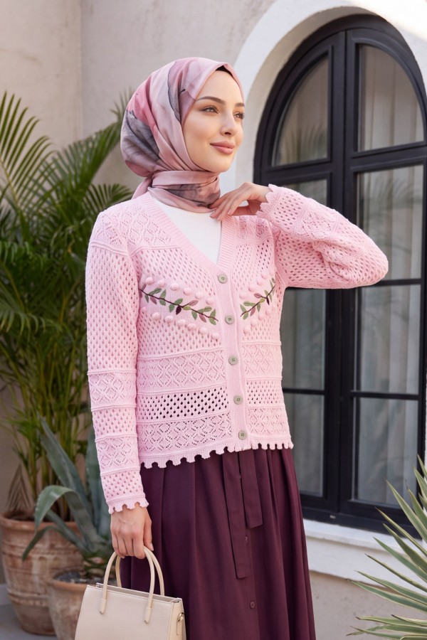 Düğmeli Önü Nakışlı Ajurlu Triko Hırka  -Pembe