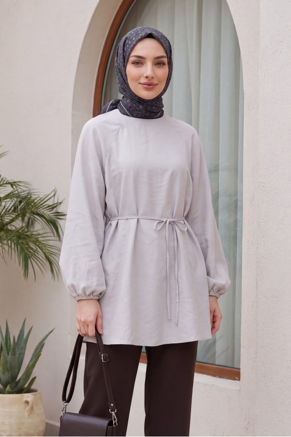 Round Neck Tied Waist Balloon Sleeve Tunic  -Stone