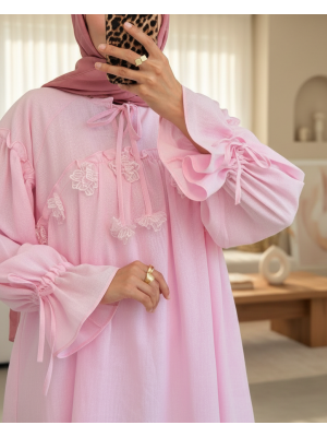 Yakası Ve Kolları Bağlamalı Önü Çiçek Detaylı Ham Keten Gömlek -Pembe