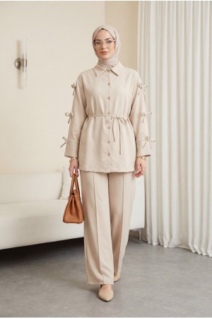 Imported Crepe Trousers Set with Bow Detail on Sleeves - Beige