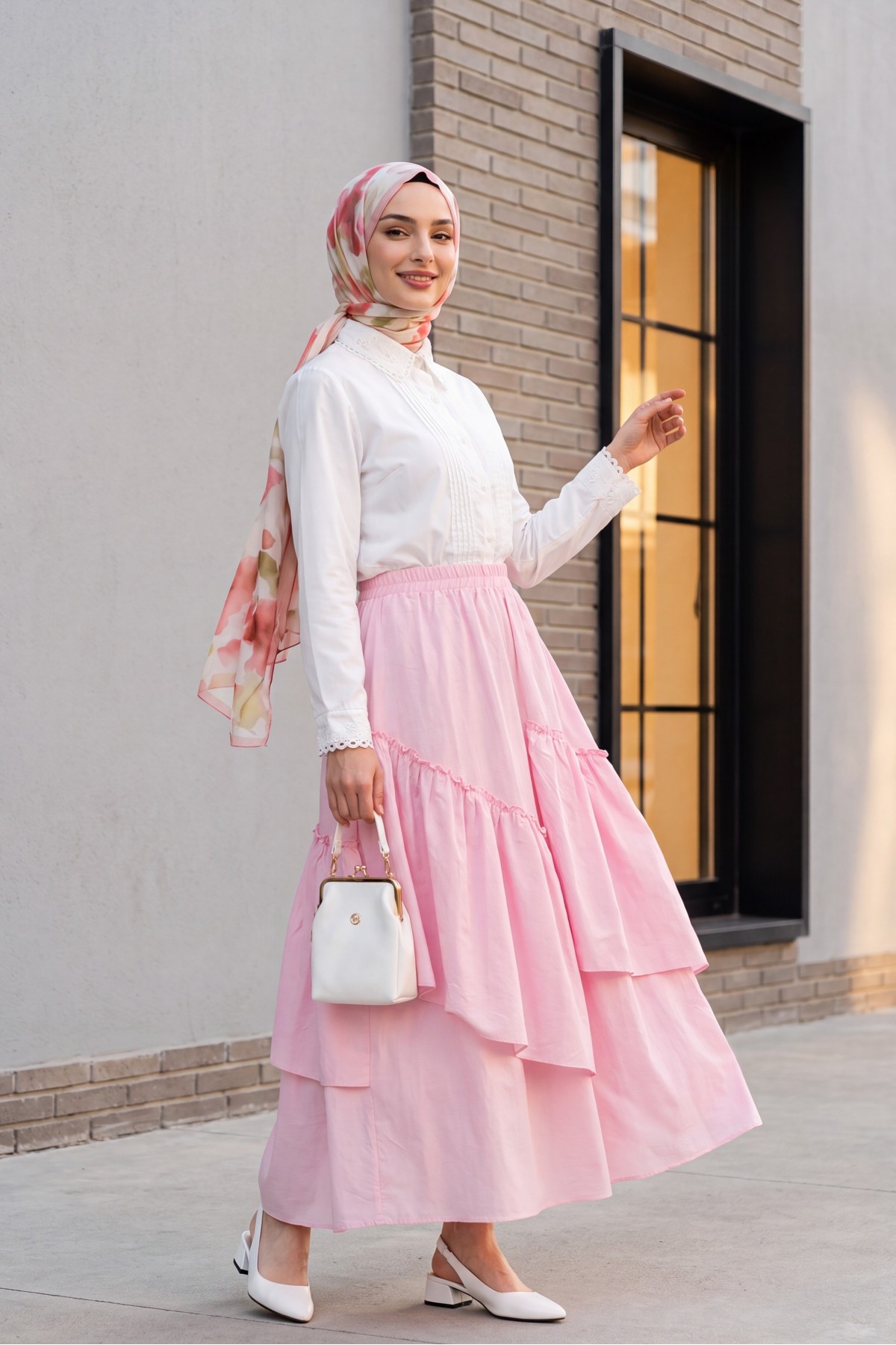 Asymmetrical, Ruffled, Lined Voile Skirt with Elastic Waistband -Pink