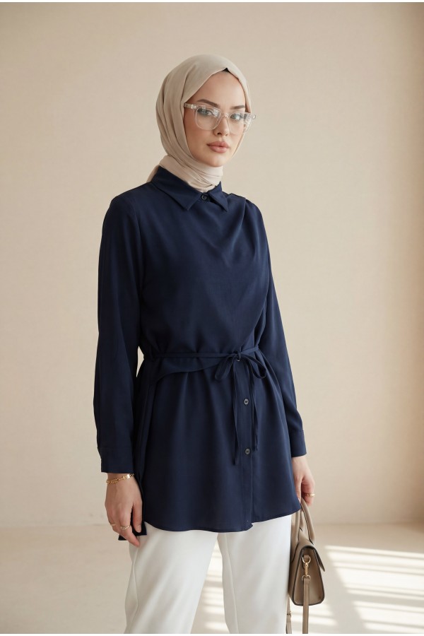 Modal Shirt with Double Front Shoulder Detail, Lace-up and Button Closure -dark lacquer