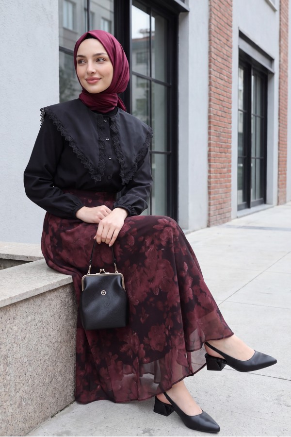 Yandan Fermuarlı Desenli Astarlı Şifon Etek  -Koyu Bordo