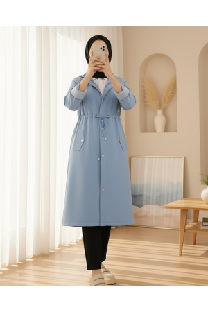 Astarı Çizgili Trençkot     -Mavi