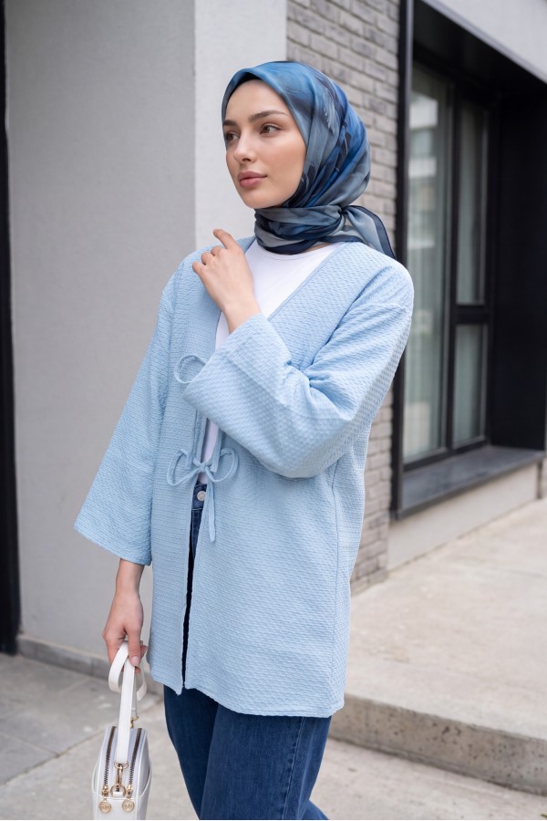 Honeycomb Pattern Kimono with Double Lace Front -Baby Blue