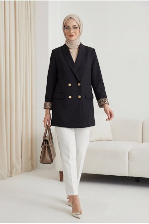 Cep Detaylı Çift Düğmeli Blazer Ceket -Siyah