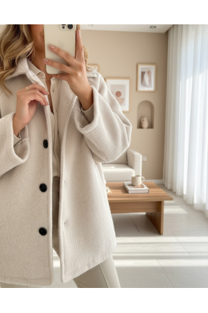 Çift Cepli Önü Düğmeli Astarlı Buklet Kaban -Ekru