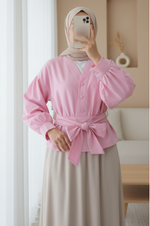 Half Buttoned Waist Belted Poplin Shirt -Powder