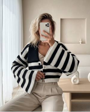 Wide Collar Striped Openwork Cardigan -Black