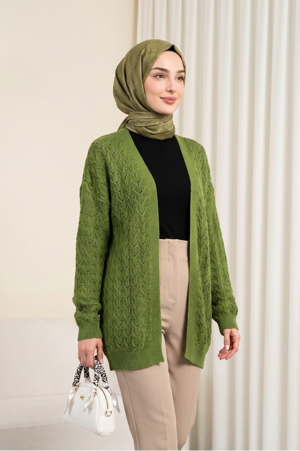 Loose-fitting knitted cardigan with openwork pattern. -PISTACHIO GREEN