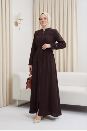 Bağcıklı Kolu Nakışlı Ferace Kahverengi HM2854